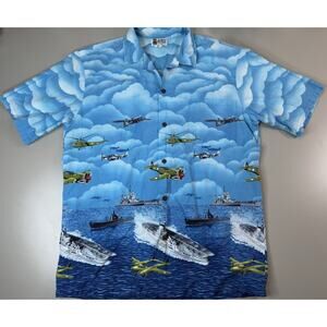 Aloha Republic Mens Military Plane Hawaiian Shirt L Ships Navy Tropical Vacation
